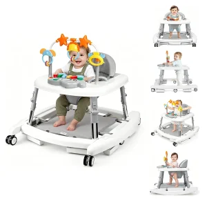 5 in 1 Baby Walker Adjustable Height Foldable Baby Activity Center, Infant Walker Bouncer Rocker Push Walker with Music Toys, Eating Seat for Baby Boys Girls