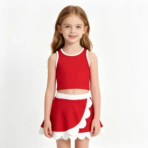 Sleeveless red white scallop girls team active wear set