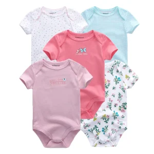 Kiddiezoom Summer 5 Piece Fashion Cartoon Boys and Girls Bodysuits 100% Cotton