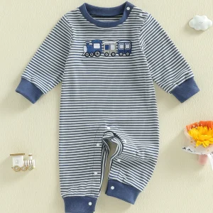 Toddler Boys Fall Striped Playsuit with Long Sleeves and Train Embroidery Comfortable Crewneck Loose Fit Romper